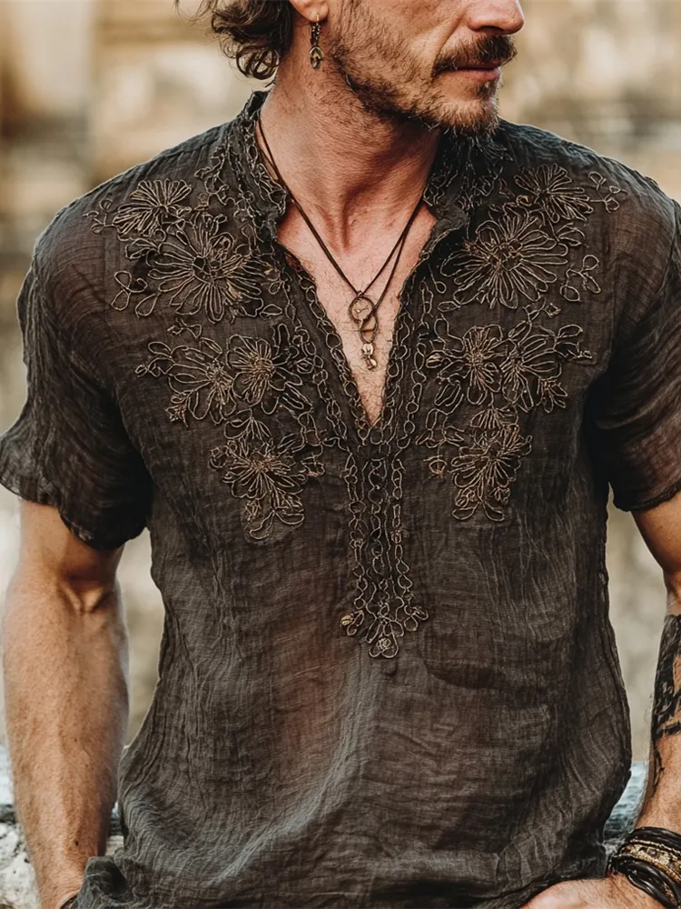 Boho Vintage Floral Embroidery Men's Linen Short Sleeve Shirt