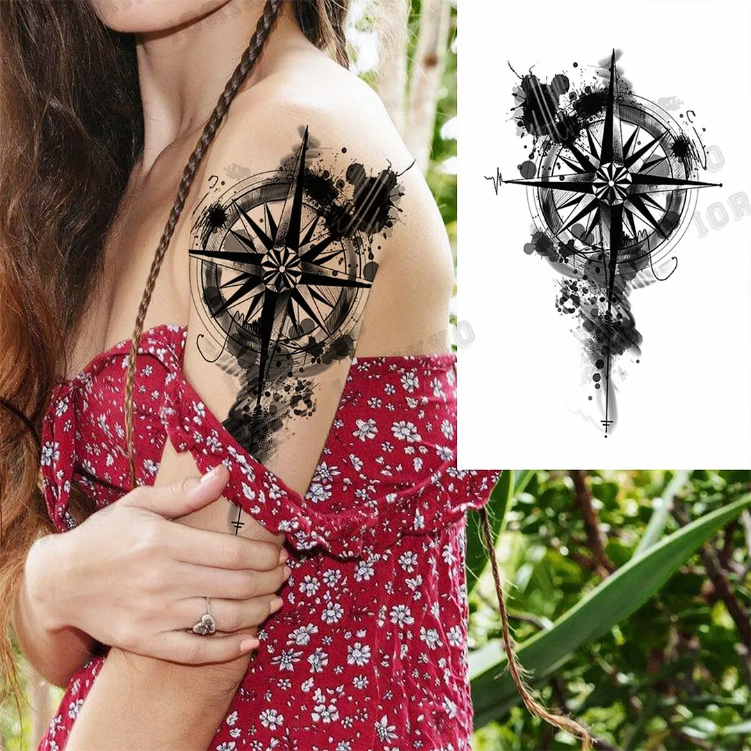 Black Lion Wolf Temporary Tattoos For Men Adult Forest Rose Compass Warrior Fake Tattoo Washable Body Art Painting Tatoo Sticker