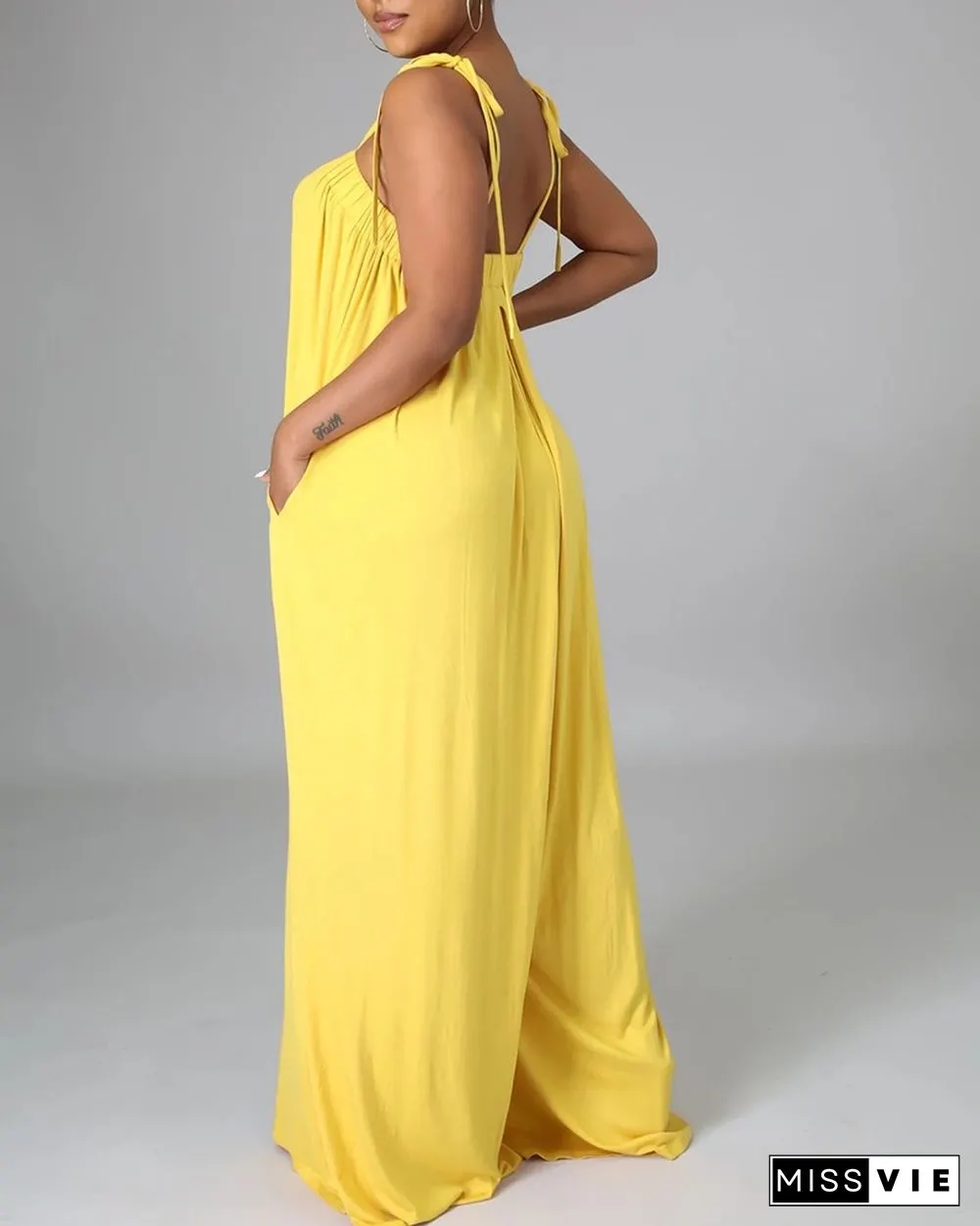 Solid Color Sleeveless Pocket Self Tie Wide Leg Jumpsuit