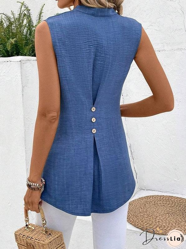 V-neck Sleeveless Solid Button Top