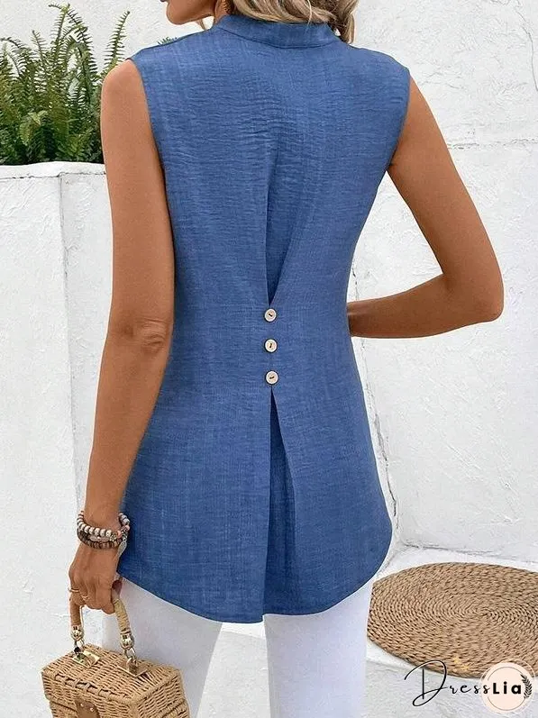 V-neck Sleeveless Solid Button Top