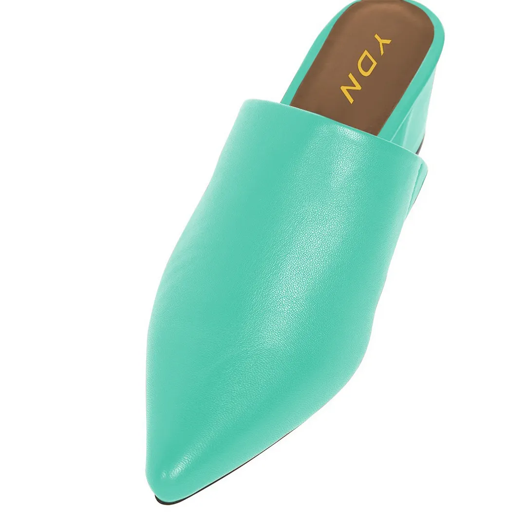 Turquoise Pointed Toe Low Chunky Heel Comfy Mule Shoes for Women