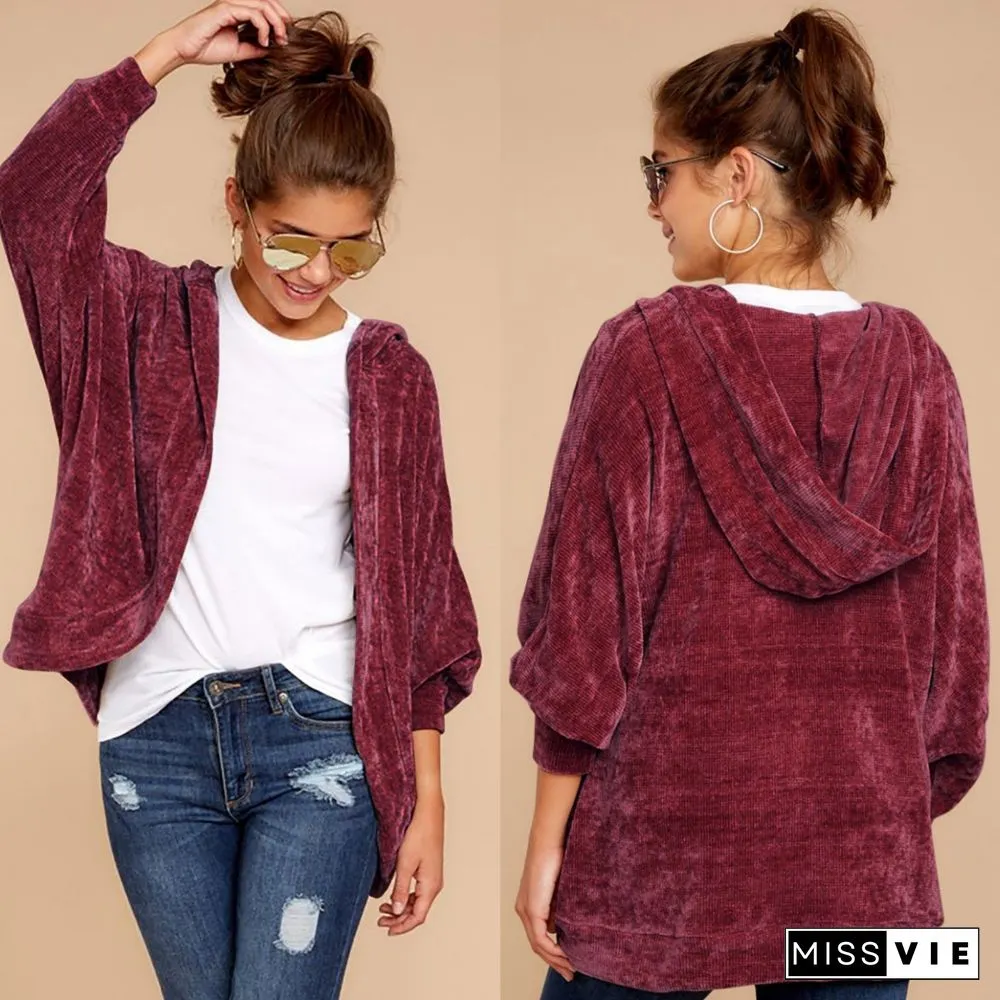 Thicken Plain Loose Velvet Coat With Hat