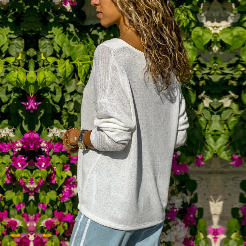 Solid Color V-neck Long Sleeve T-shirt