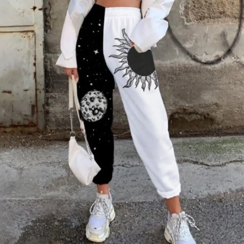 Women Casual Skull Print Patchwork Pants Spring Autumn Elastic Waist Pocket Loose Pencil Pants Female Streetwear Warm Sweatpants