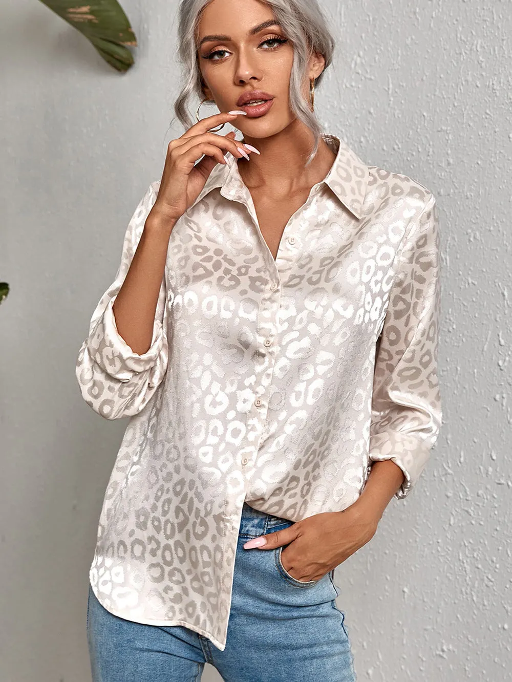 Back to school  Women Leopard Print Luxury Blouse Spring Summer Long Sleeve Lapen Vintage Button Up Shirt Office Lady Satin Tunics Harajuku Top