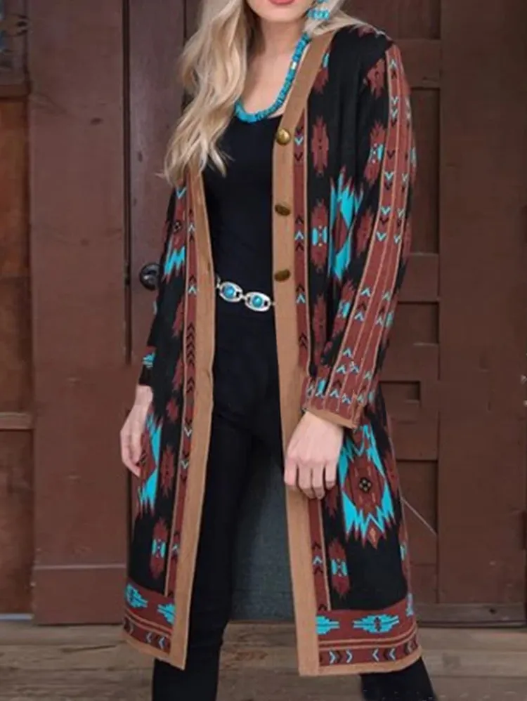 Contrast Trim Button Geo Pattern Longline Coat