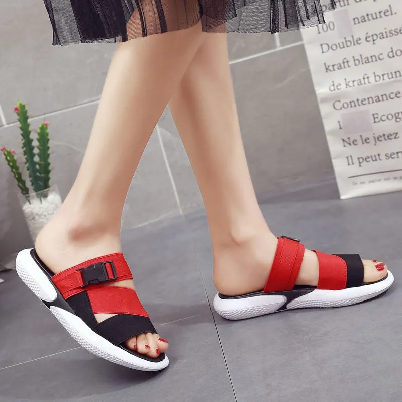 Fashion open toe sports sandals T-shaped buckle thick heel platform shoes 2020 women's summer flat casual shoes women's slippers