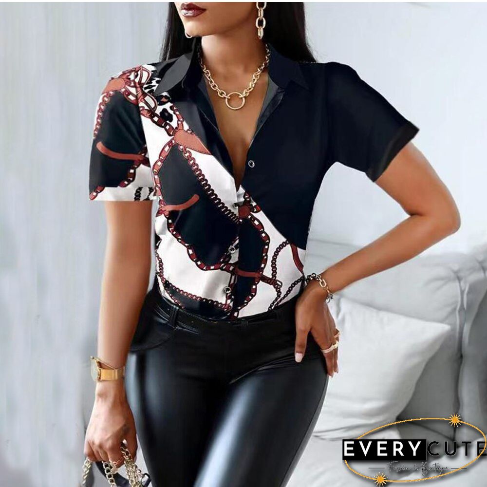 Summer Women Black Floral Print Top Shirt Fashion Casual Short Sleeve Turn-down Collar Tops Shirts New Elegant Slim Button Shirt