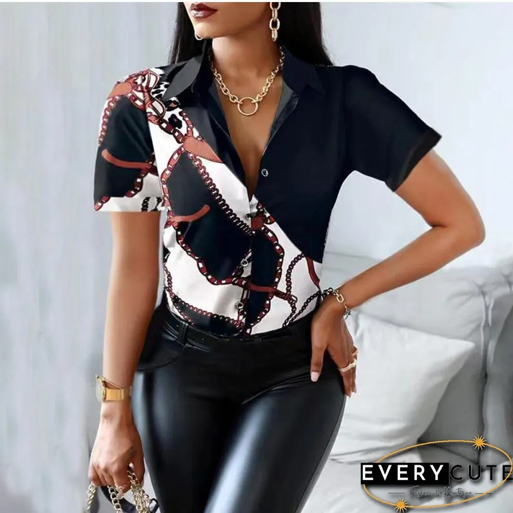 Summer Women Black Floral Print Top Shirt Fashion Casual Short Sleeve Turn-down Collar Tops Shirts New Elegant Slim Button Shirt