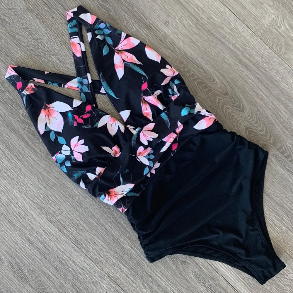 2022 New Sexy One Piece Swimsuit Female Floral Women Swimwear Push Up Bathing Suits Bodysuits Beach wear Deep V-neck Monokini