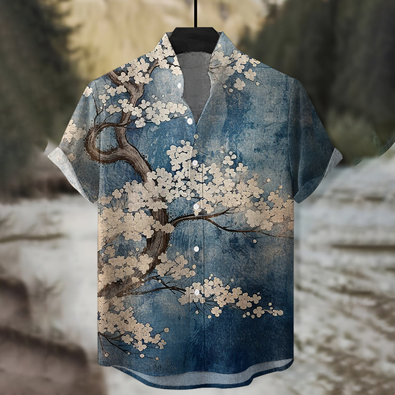Men's Vintage Cherry Blossoms Art Print Short Sleeve Shirt