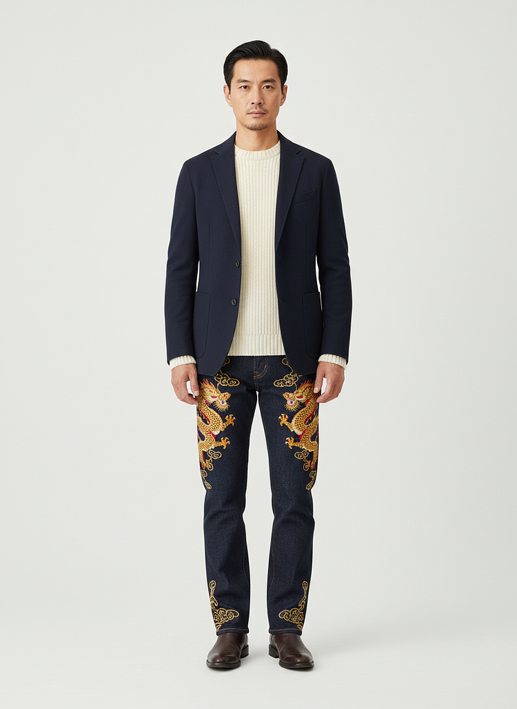 Heye Wings Classic Fit Premium Denim Jeans with Hand-Embroidered Eastern Motifs