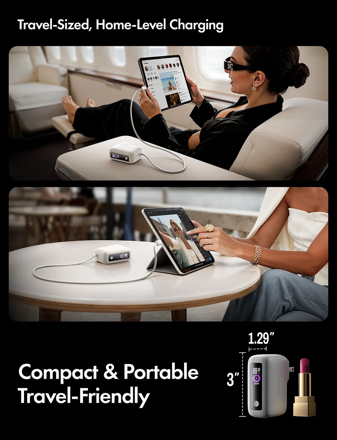 This 3-in-1 fast travel charger combines a 35W wall charger and a 27W power bank, and includes a built-in 3.3-foot USB-C cable and a foldable plug.