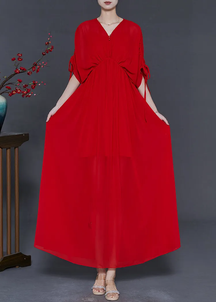 Stylish Red Cinched Drawstring Chiffon Party Dress Summer