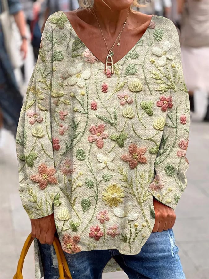 Women's Hippie Style Floral Embroidery Pattern Art Print Casual Long Sleeve Top
