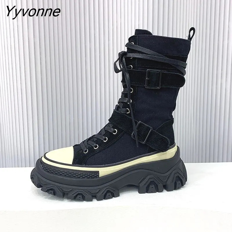 Yyvonne Women Boots Canvas Round Toe Mid Heel Boots for Woman Fashion Platform Lace Up Shoes  Women's Combat BootsBotas Mujer Size 35-40