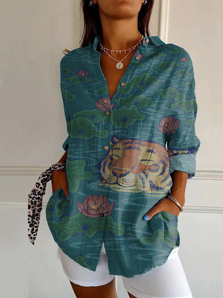 Vintage Water Tiger Art Print Long Sleeve Shirt