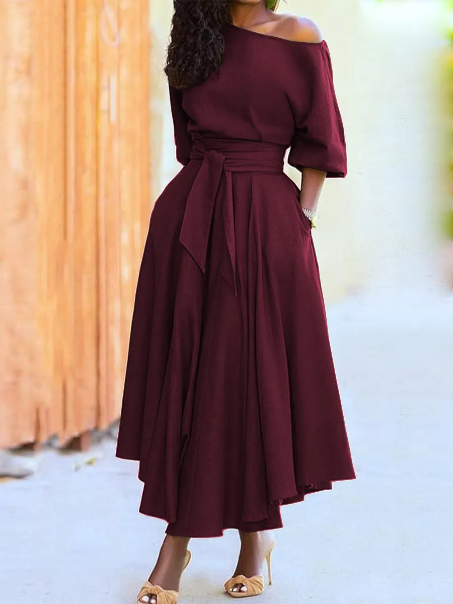 Brownm Collar Lace-up Waist-controlled Temperament Pure Color Dresses