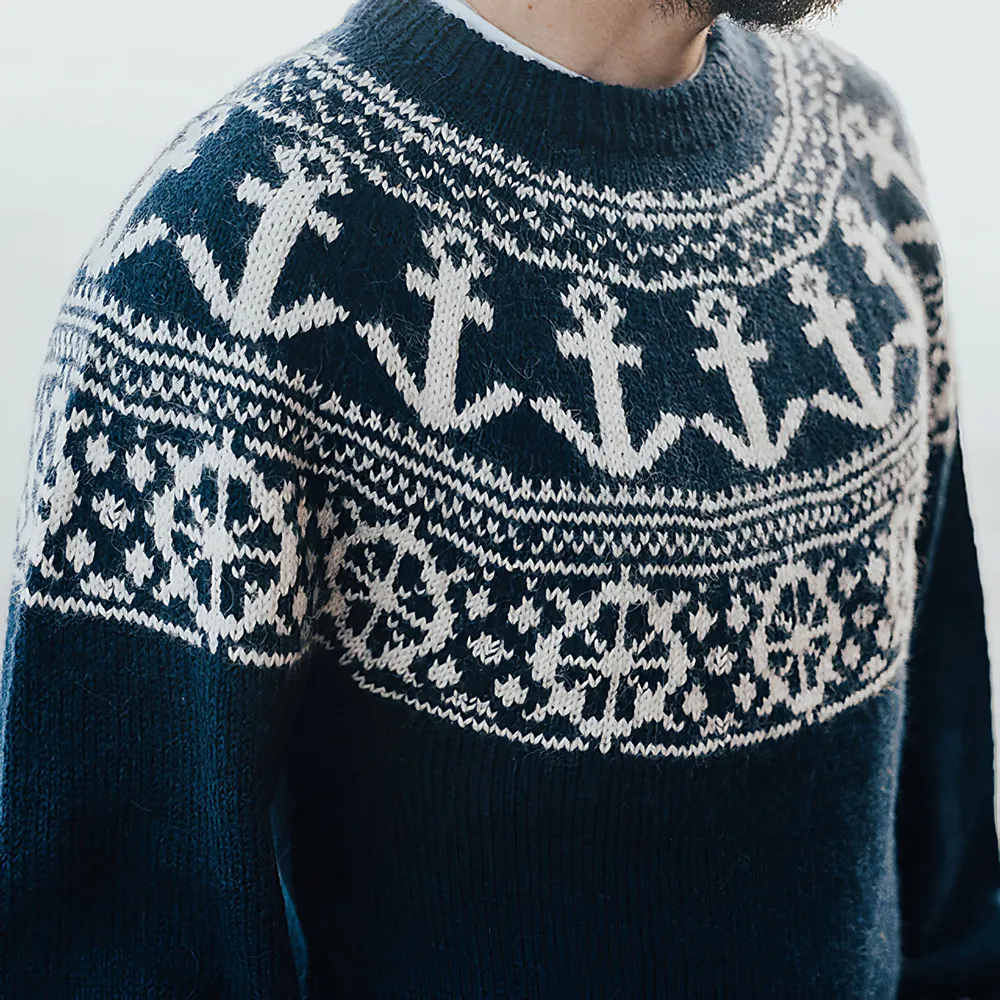 Vintage Nautical Graphics Jacquard Iceland Crew Neck Sweater