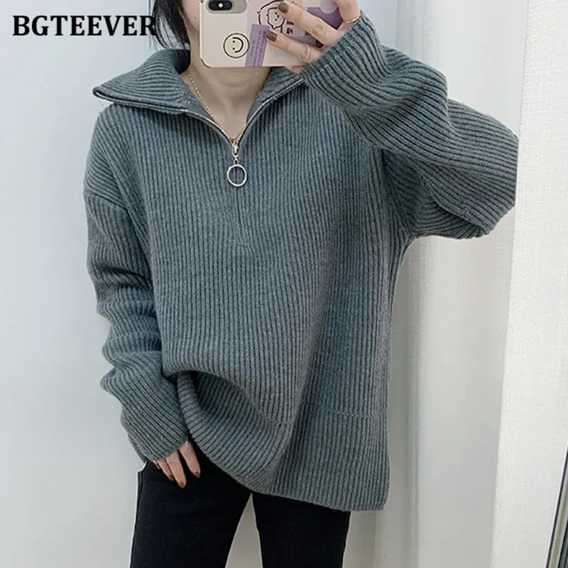 BGTEEVER Thick Turtleneck Zippers Women Sweaters Jumpers for Women 2021 Autumn Winter Loose Full Sleeve Female Knitted Pullovers