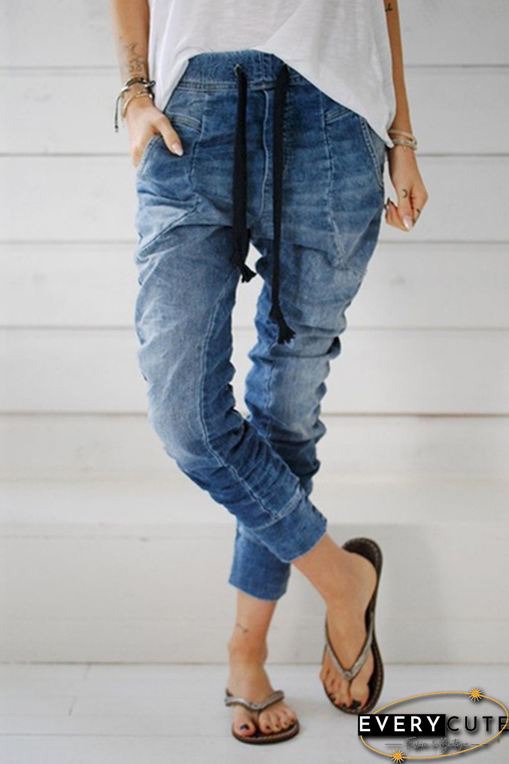 Light Blue Drawstring Elastic Waist Jogger Jeans