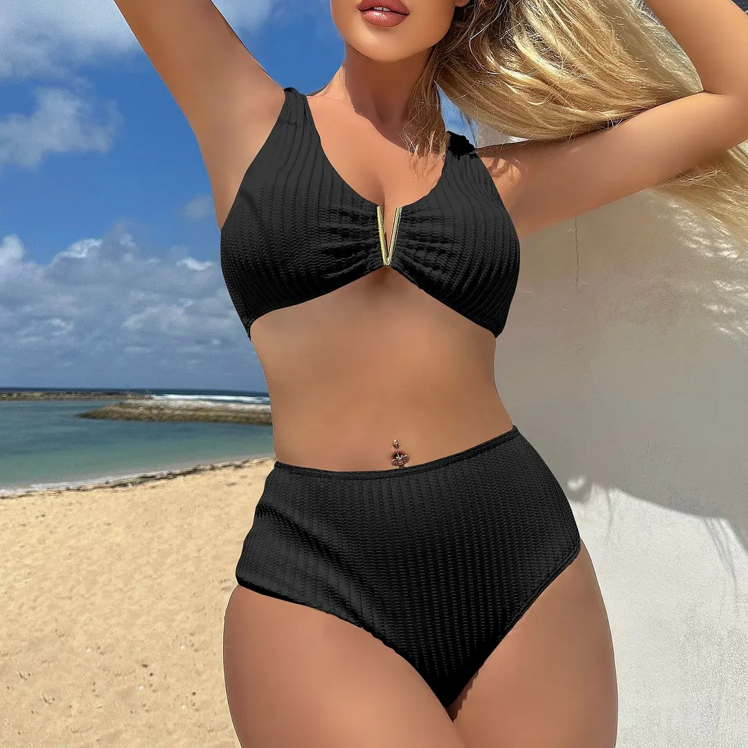 Churchf 2024 New Solid Color Sexy Special Fabric High-Waist Split Swimsuit Swimsuit Swimsuit