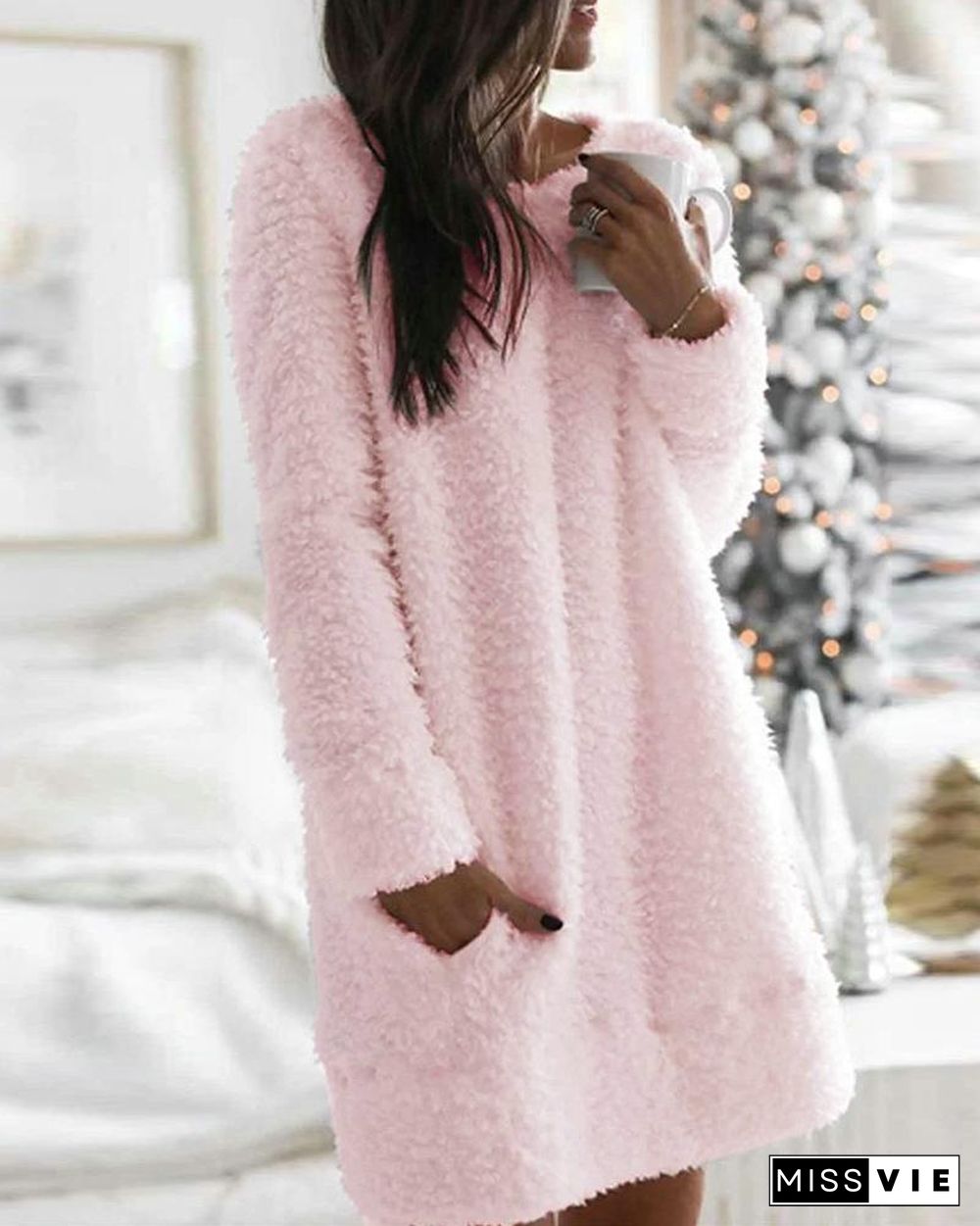 Pocket Design Plain Fluffy Dress P14086