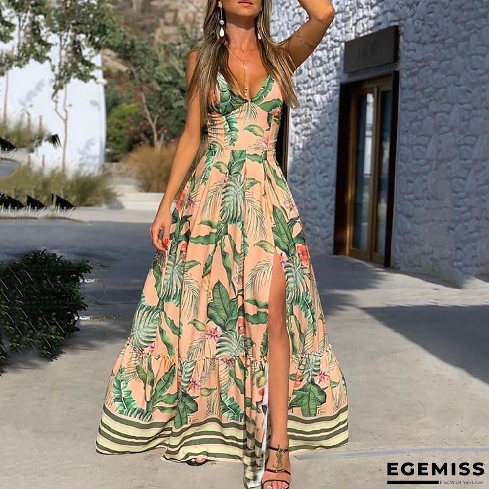 Deep V Suspender Printed Leaf Dress | EGEMISS