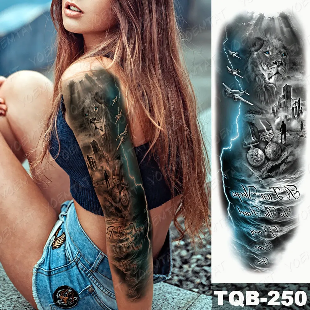 Large Arm Sleeve Tattoo Bird Crow Forest Moon Waterproof Temporary Tatto Sticker Lion Wolf Clock Body Art Full Fake Tatoo Men