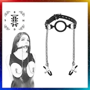 BDSM O-Ring Gag with Nipple Clamps Customizable,Silicone Ring Gag with  Adjustable Nipple Clamps,Open Mouth Gag Fetish Gag,BDSM Sex Toys