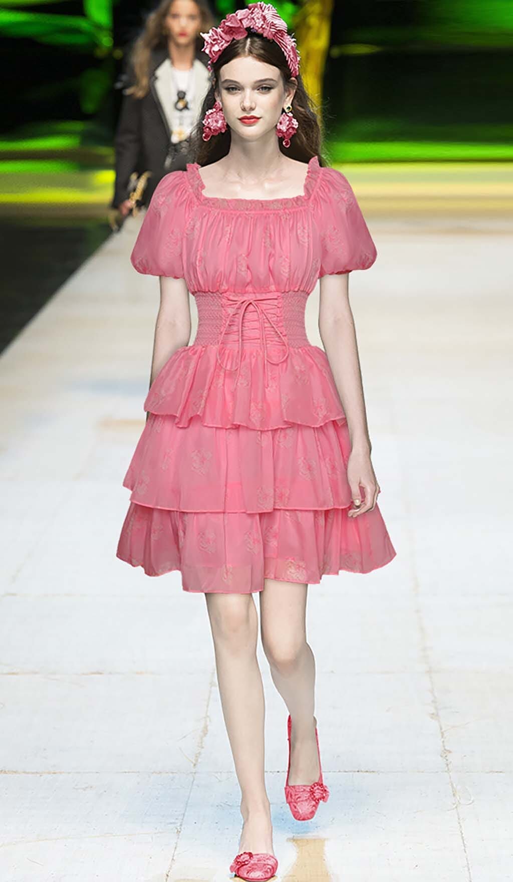 Puff Sleeve Tiered Mini Dress In Pink Flowering Girl