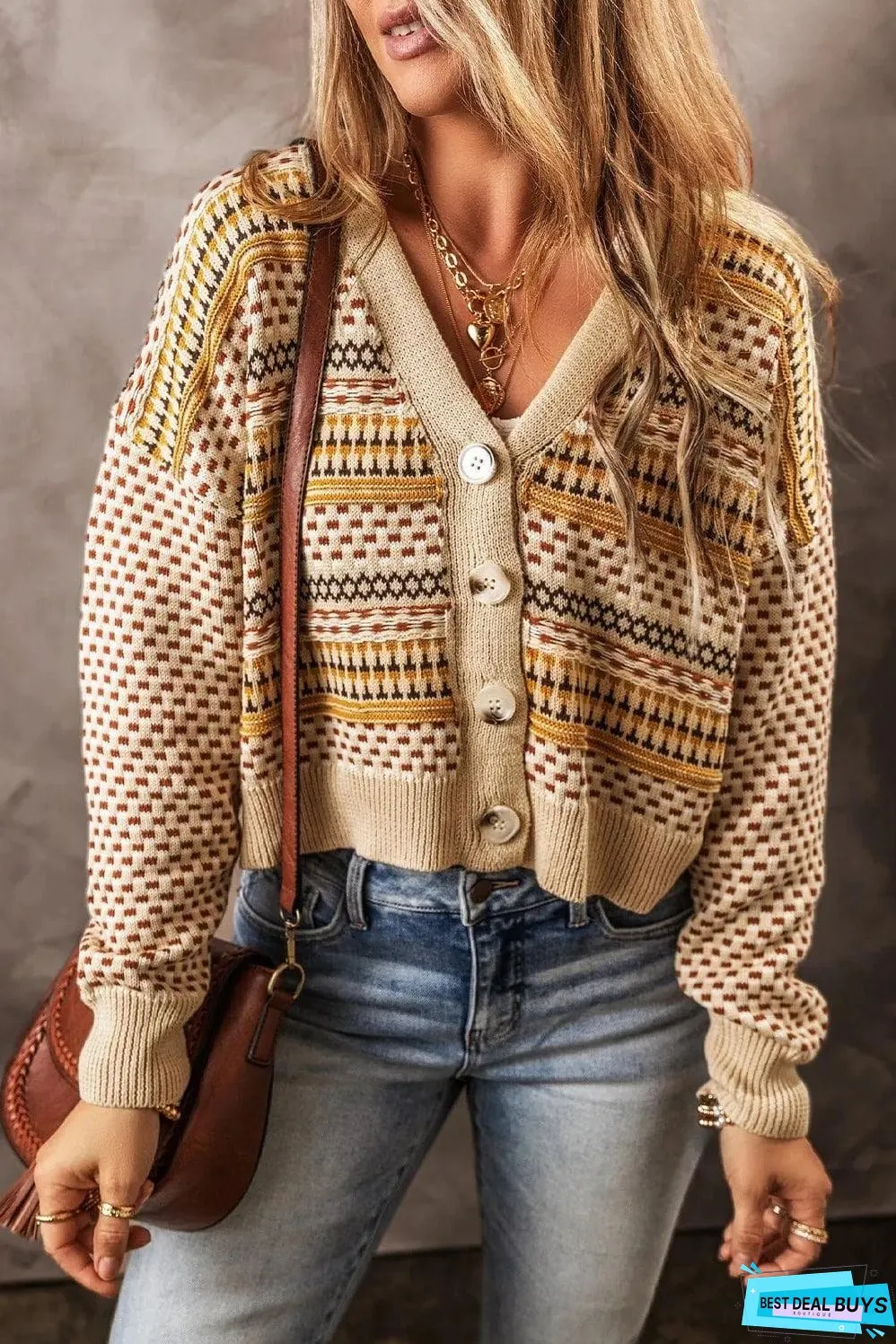 Khaki Buttoned V Neck Cropped Cardigan