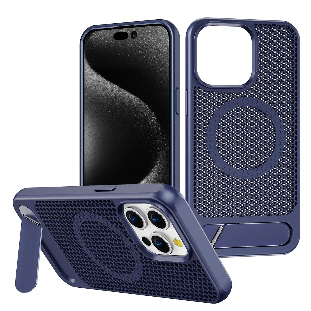 Skeleton Heat Dissipation Breathable Mag Safe Magnetic Apple Acrylic Phone Case with Stand 13 to 15 ProMax