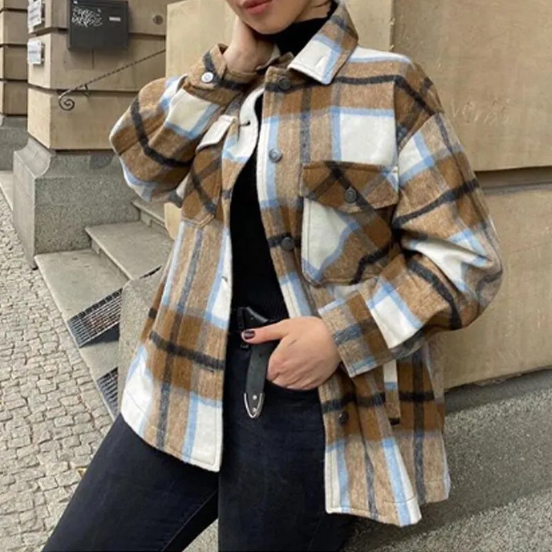 Winter Green Plaid Jacket Coat Women Streetwear Long Leeve Thick Wool Coat Fashion Pocket Oversized Lapel Autumn Shirts Coats