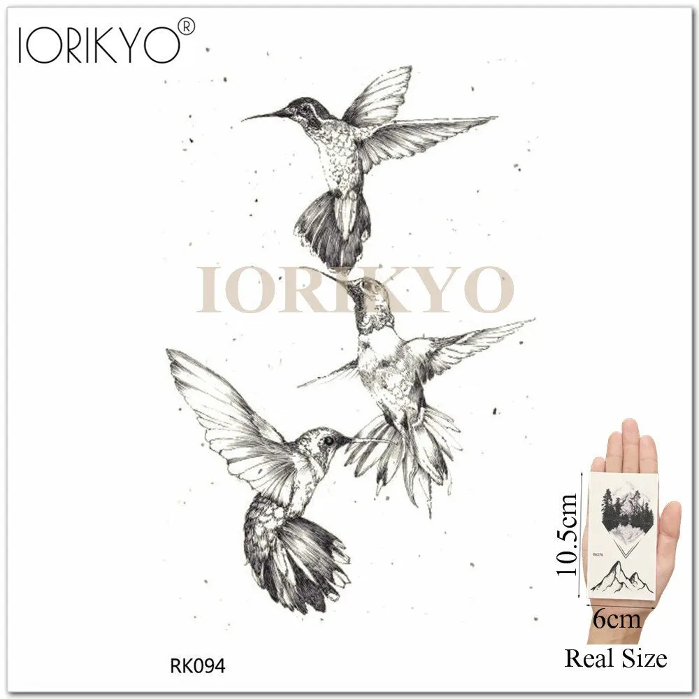 New Black Hummingbird Temporary Tattoo Stickers Women Arm Pencil Sketch Waterproof Tatoos Girls Forearm Birds Fake Tattoo Flower