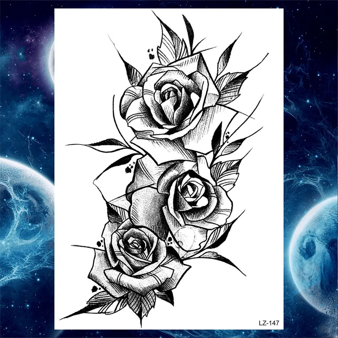 Flower Compass Temporary Tattoo For Women Girls Adult Rose Peony Tattoos Sticker Fake Black Floral Body Art Thigh Tatoos Paper