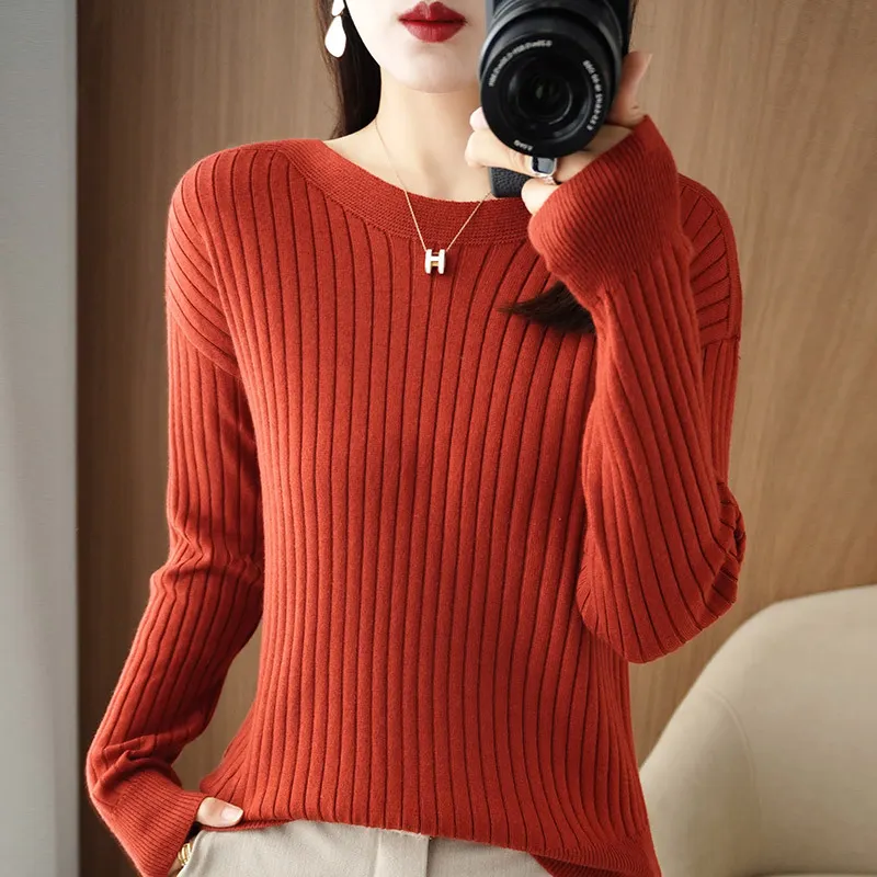 Churchf Churchf Round Collar Knit Women's Thin Early Spring And Autumn With A Sweater Long-Sleeve T-Shirt Wool Undershirt Loose.