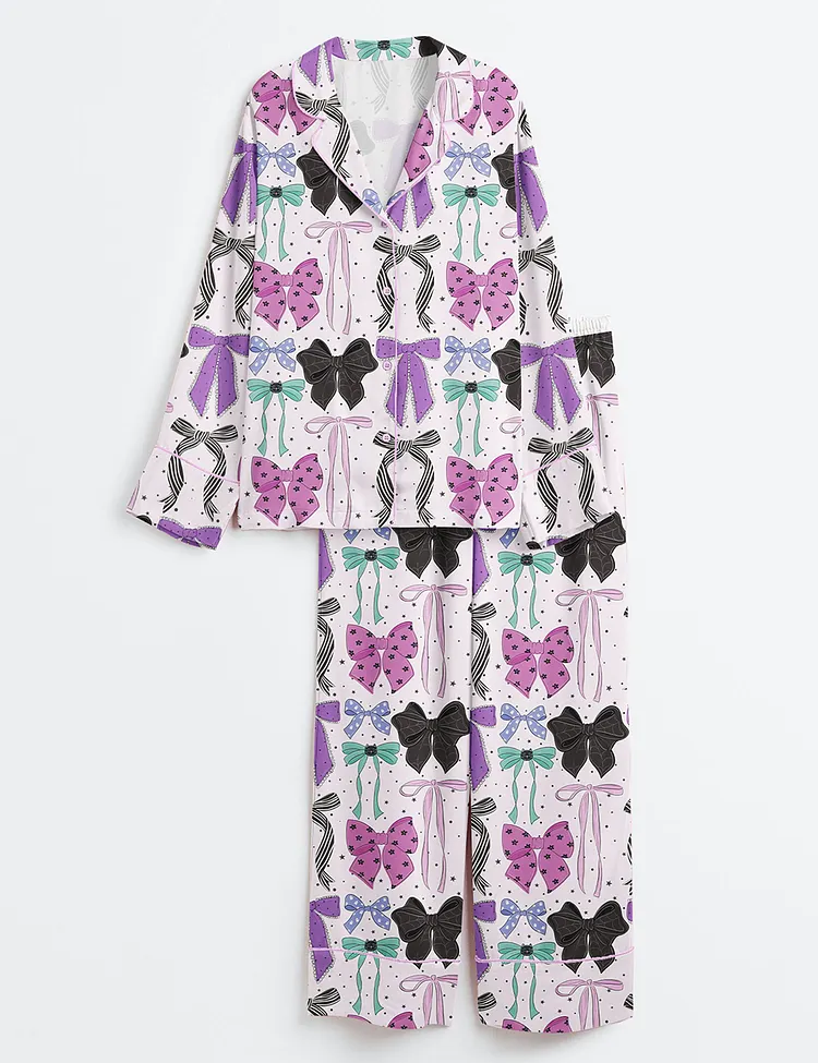 Women&rsquo;s Halloween Purple Bows Black Cat Coquette Girly Purple And Teal Print Long Sleeve Satin Pajama Set