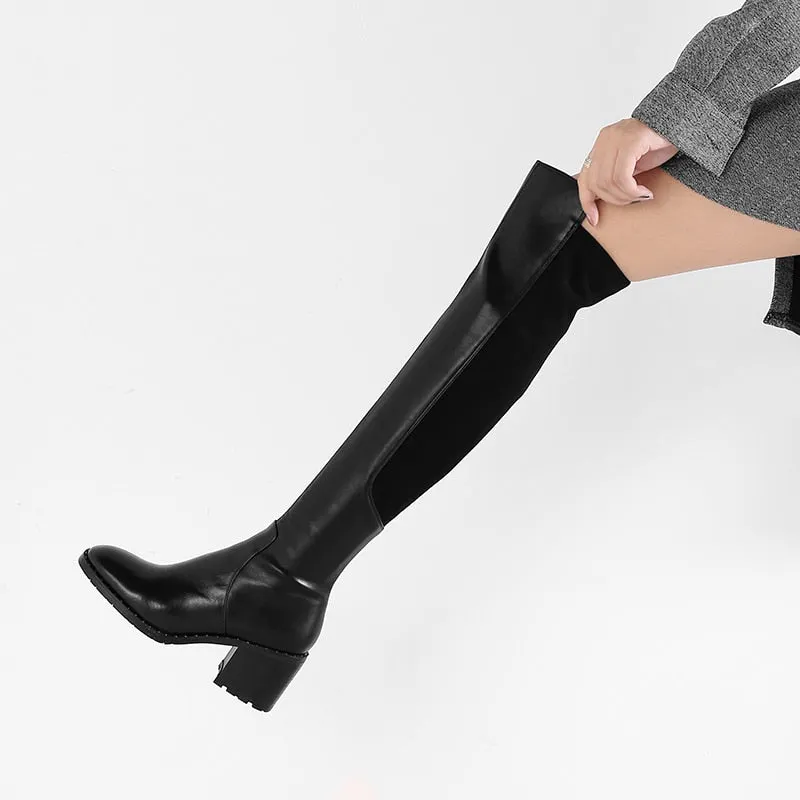 2020 Black Women Boots Genuine Leather Over The Knee Boots 7cm high Heel Autumn Winter Fashion Shoes large size 34-43