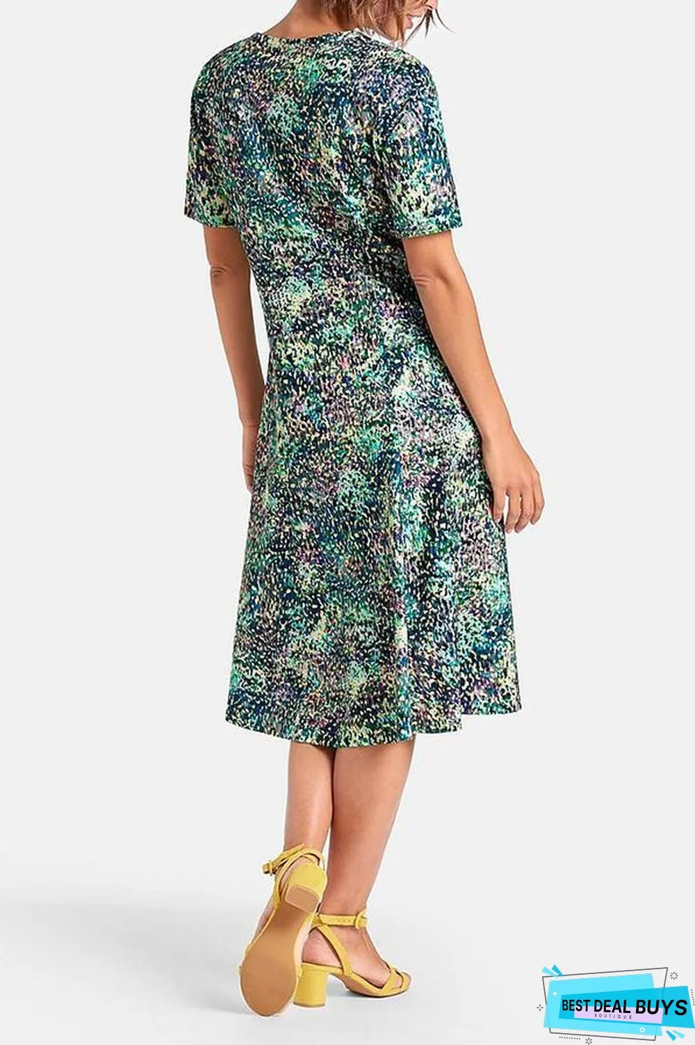 Vintage Print Buttoned V-Neck Paneled Midi Dress