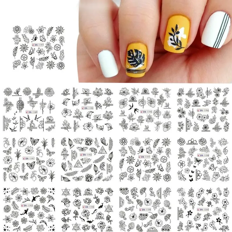 12Pcs Leopard Water Decals Sticker Hollow Floral Flower Leaves Geometry Water Transfer Watermark Foil Slider Decoration
