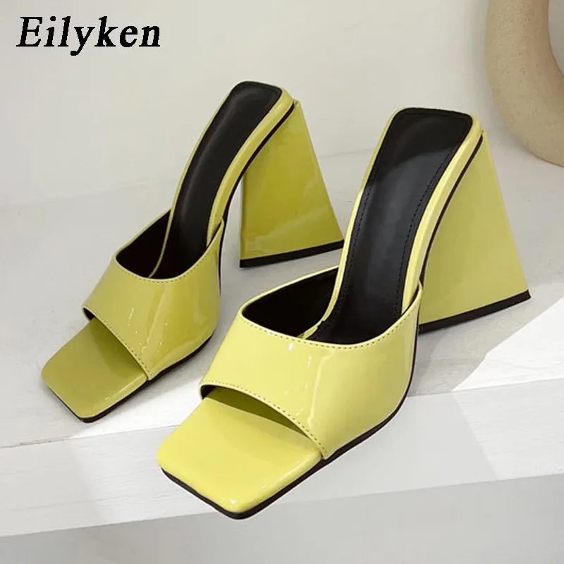 Eilyken Summer Orange Black Triangle Thick heel Slippers Sexy Street Woman Party Peep toe Dress shoes size 35-41