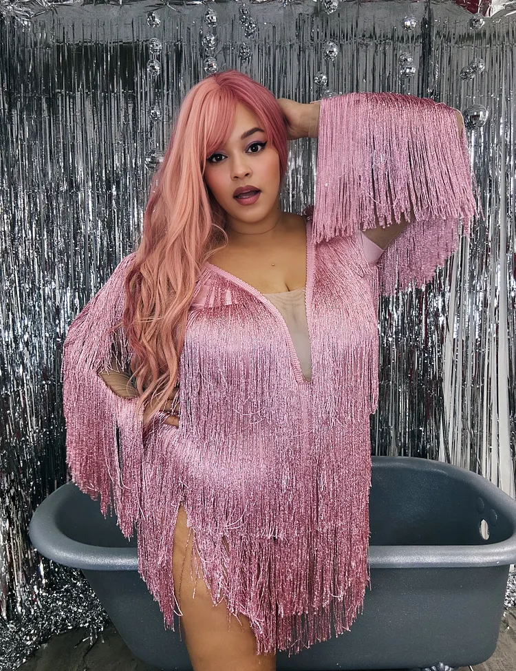 Xpluswear Plus Size Party Sequin Fringe V Neck Backless Bodysuit Mini Dress  - Xpluswear.com