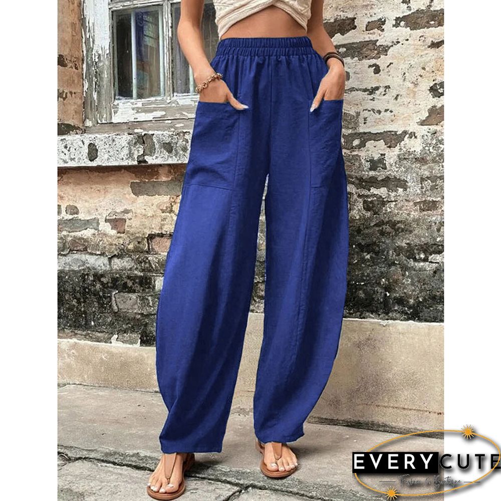 Royal Blue Solid Elastic Waist Pocket Casual Pants