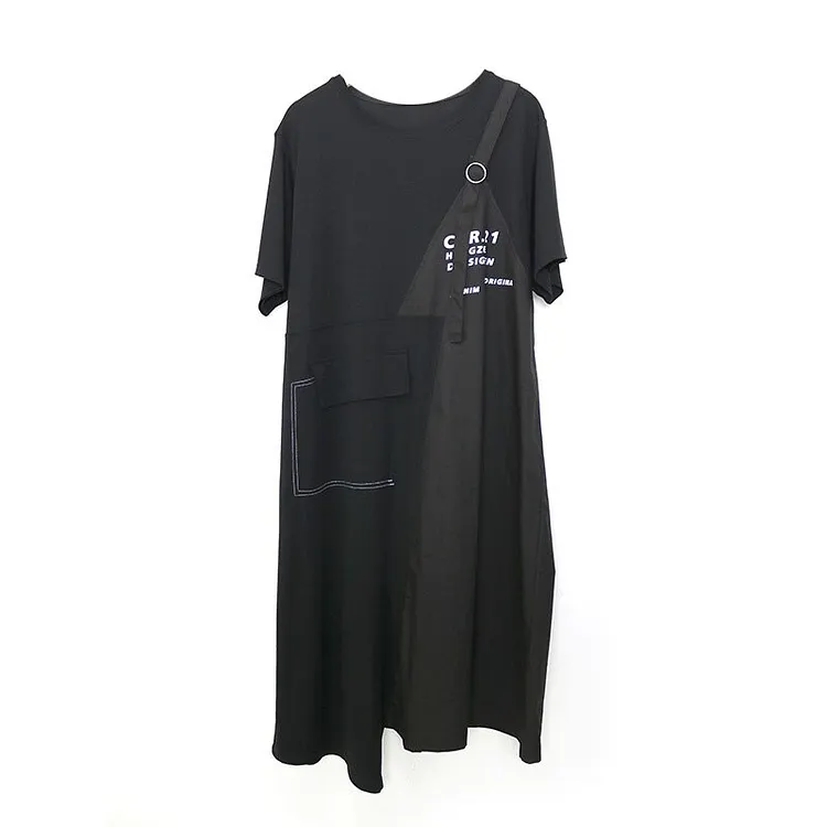 Fashion Loose O-neck Solid Color Patchwork Short Sleeve Irregular Hem Dress