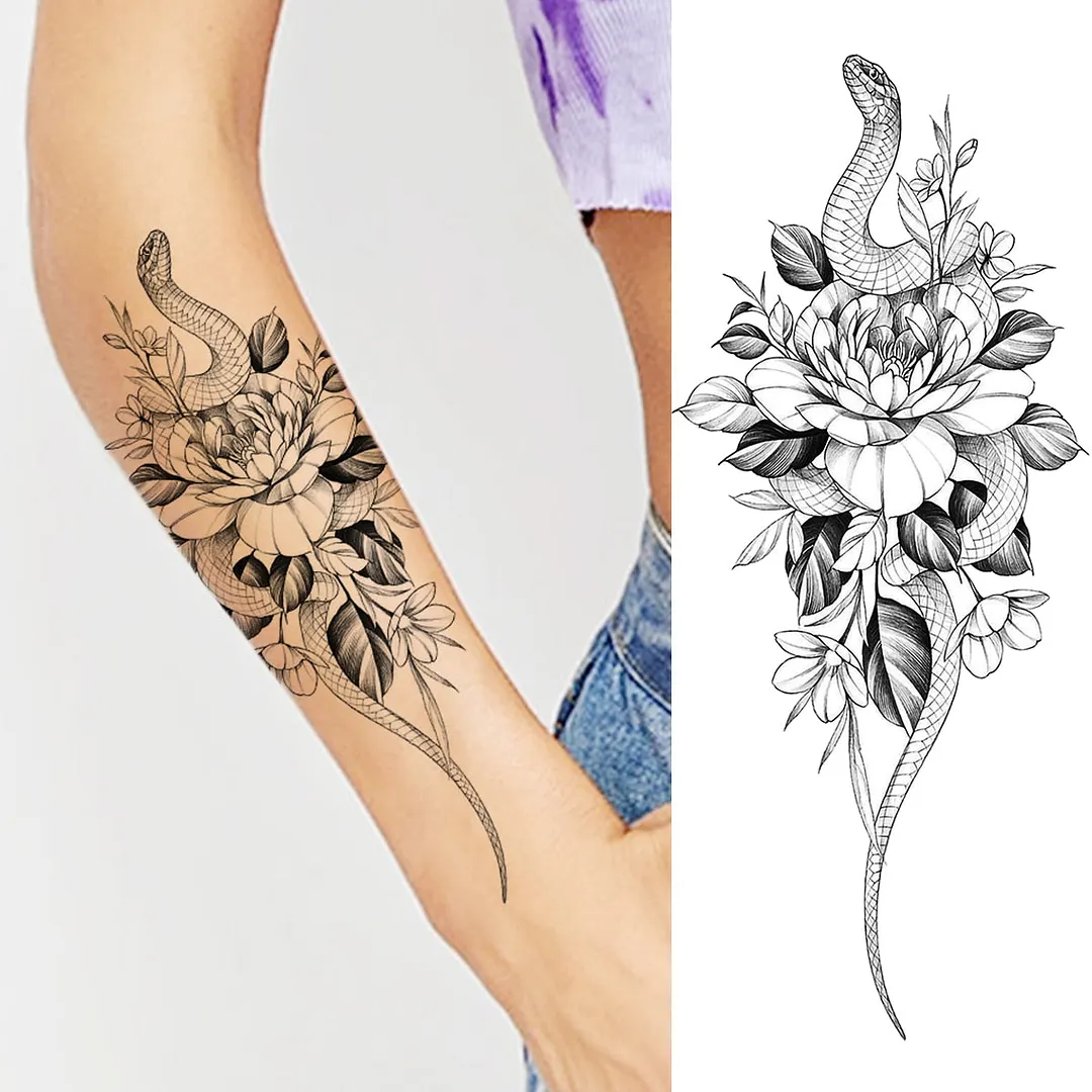 Black Rose Flower Snake Temporary Tattoos For Women Adult Peony Serpent Fake Tattoo Forearm Body Art Painting Waterproof Tatoos