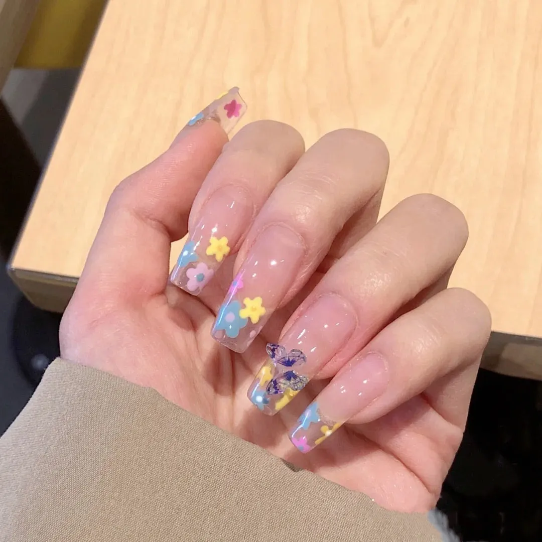 24pcs Butterfly Nail Patch Glue Type Removable Long Paragraph Fashion Manicure Wearable False Nails Patch With Glue Fake Nails-Nail Inspo
