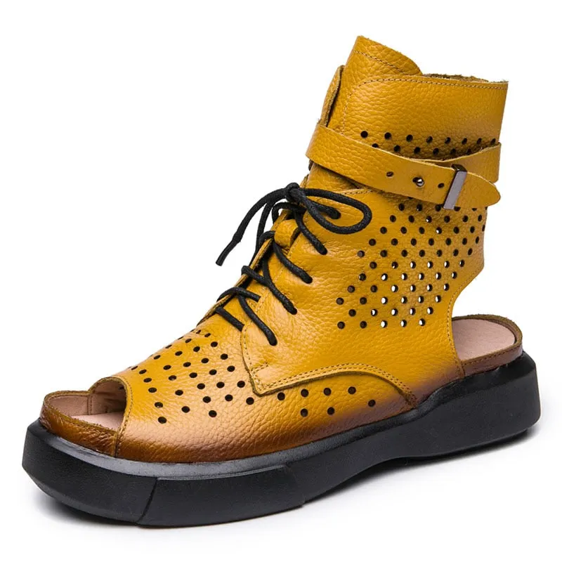 GKTINOO 2022 Fashion Ladies Sandals Hollow-Out Gladiator Sandals Women Flat Shoes Open Toe Genuine Leather Summer Cool Boots
