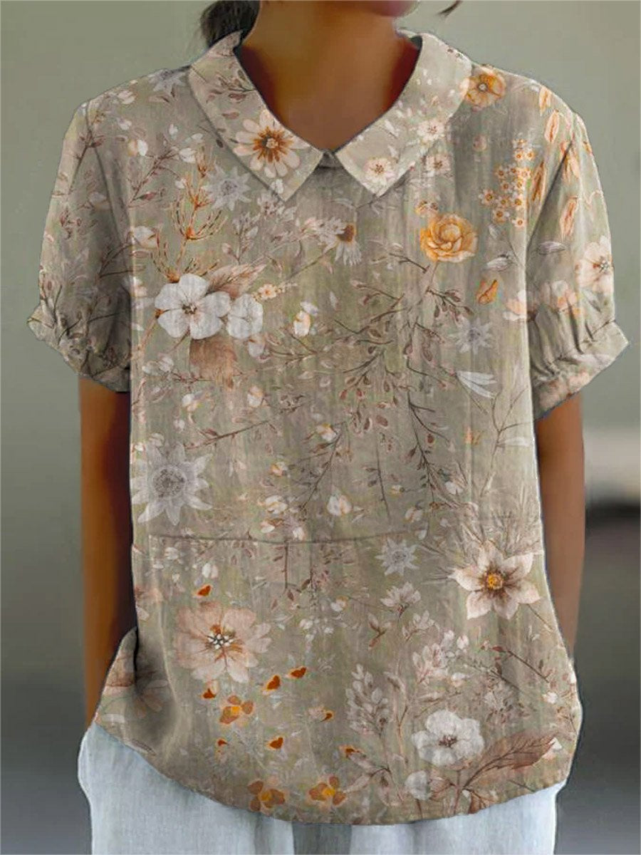 Women's Retro Floral Art Print Casual Cotton And Linen Shirt
